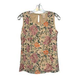 Sundance Mesh Overlay Embroidered Tank Top Sleeveless Multi-Color Floral Shirt